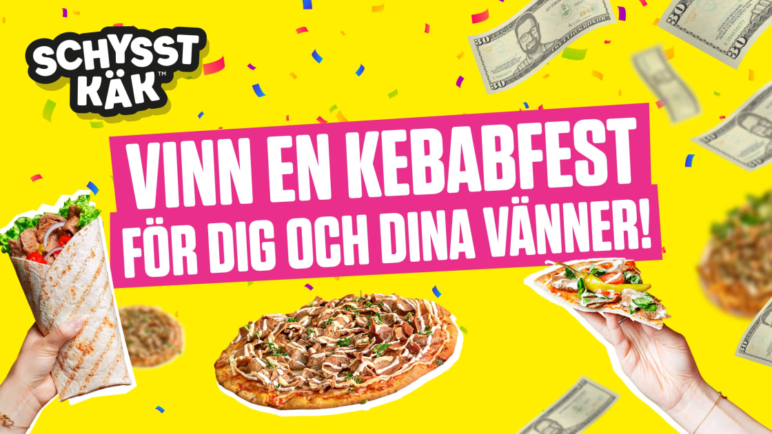 En hand håller en kebabrulle, en annan hand håller en kebabpizza, och en tredje hand håller en pizzabit, med text och sedlar i bakgrunden. Text i bild: Vinn en kebabfest för dig och dina vänner!