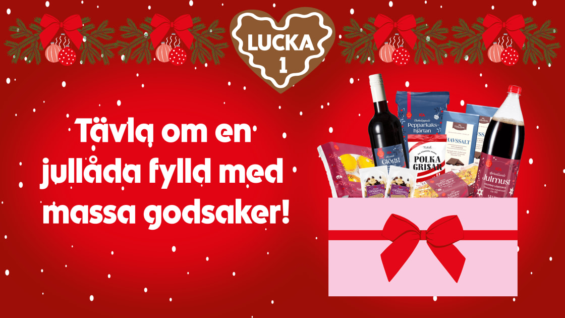 En röd och julig bild med en låda fylld med julmust, pepparkakor, saffranskringlor, saffransmazariner, glögg, glöggmix, polkagrisar och chokladkakor. Text i bild: Tävla om en jullåda fylld med massa godsaker!