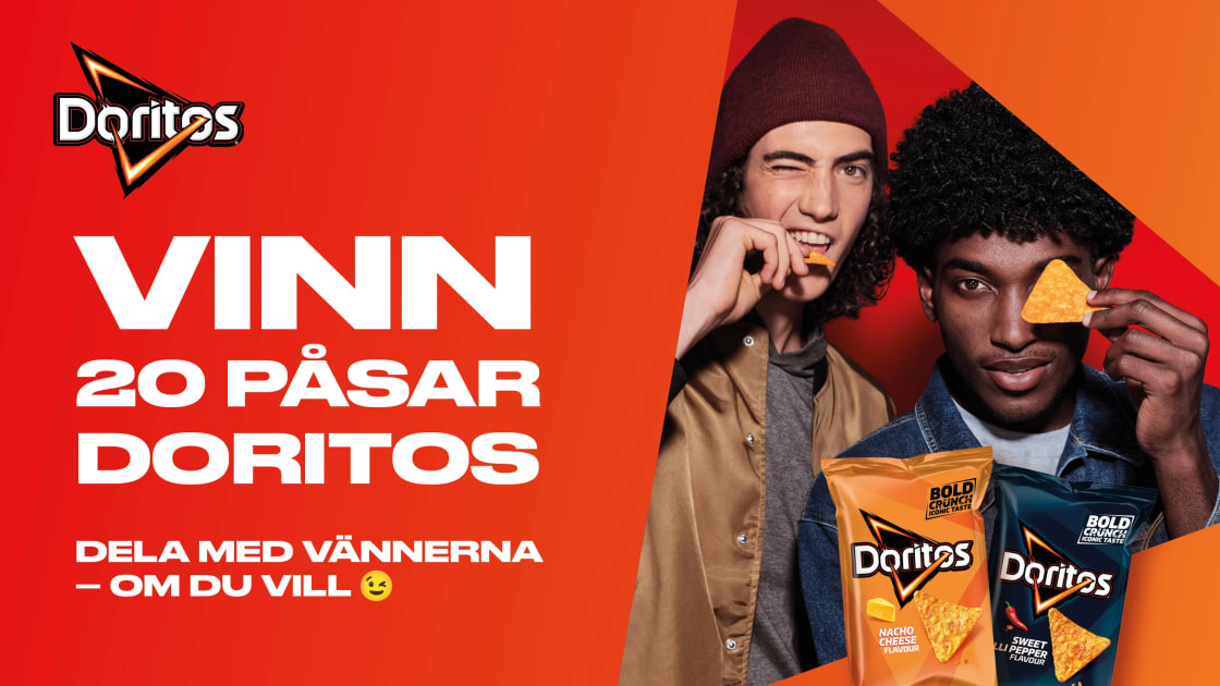 Två personer som knaprar på Doritos. Text: Vinn 20 påsar Doritos.