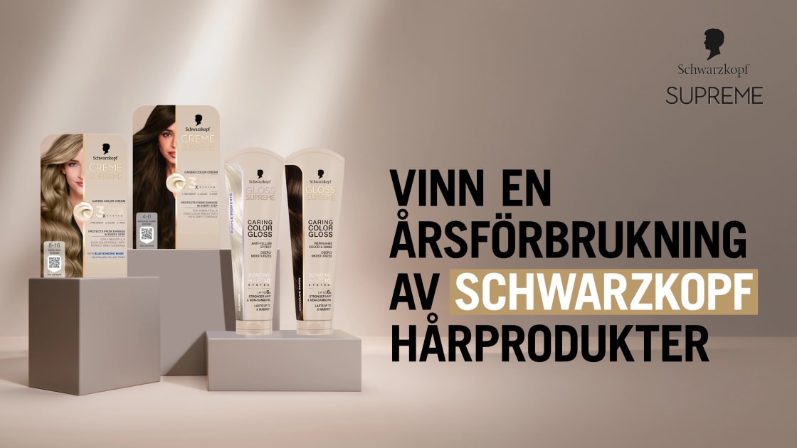 Flera hårprodukter står uppställda på podier framför texten vinn en årsförbrukning av Schwarzkopf hårprodukter.