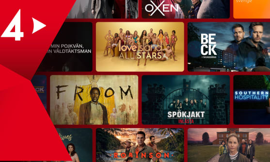 En bild visar flera filmomslag och en logotyp för TV4 Play.