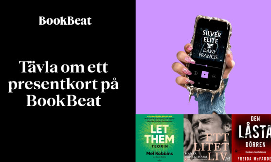 En hand håller en mobiltelefon med en bokomslag på skärmen, och tre bokomslag visas nedanför.