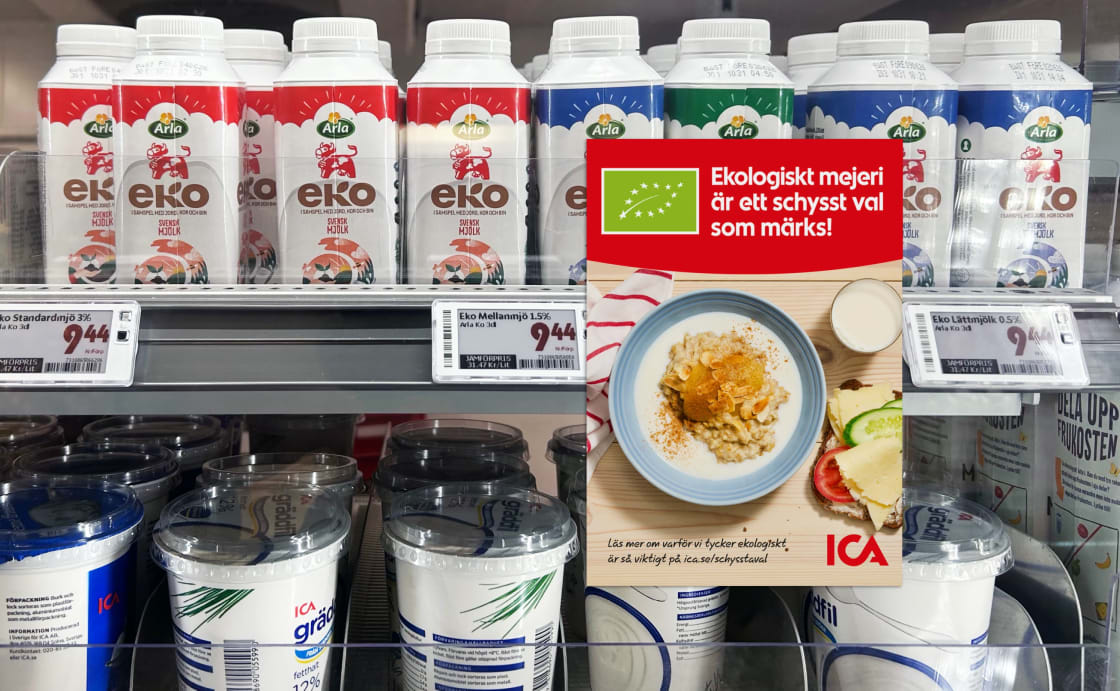 Flera mjölkförpackningar står på hyllor i en affär.