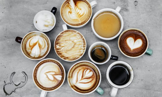 Många kaffekoppar med olika kaffe. Några med mjölk, några utan. Några har skummad mjölk med olika mönster i skummet.