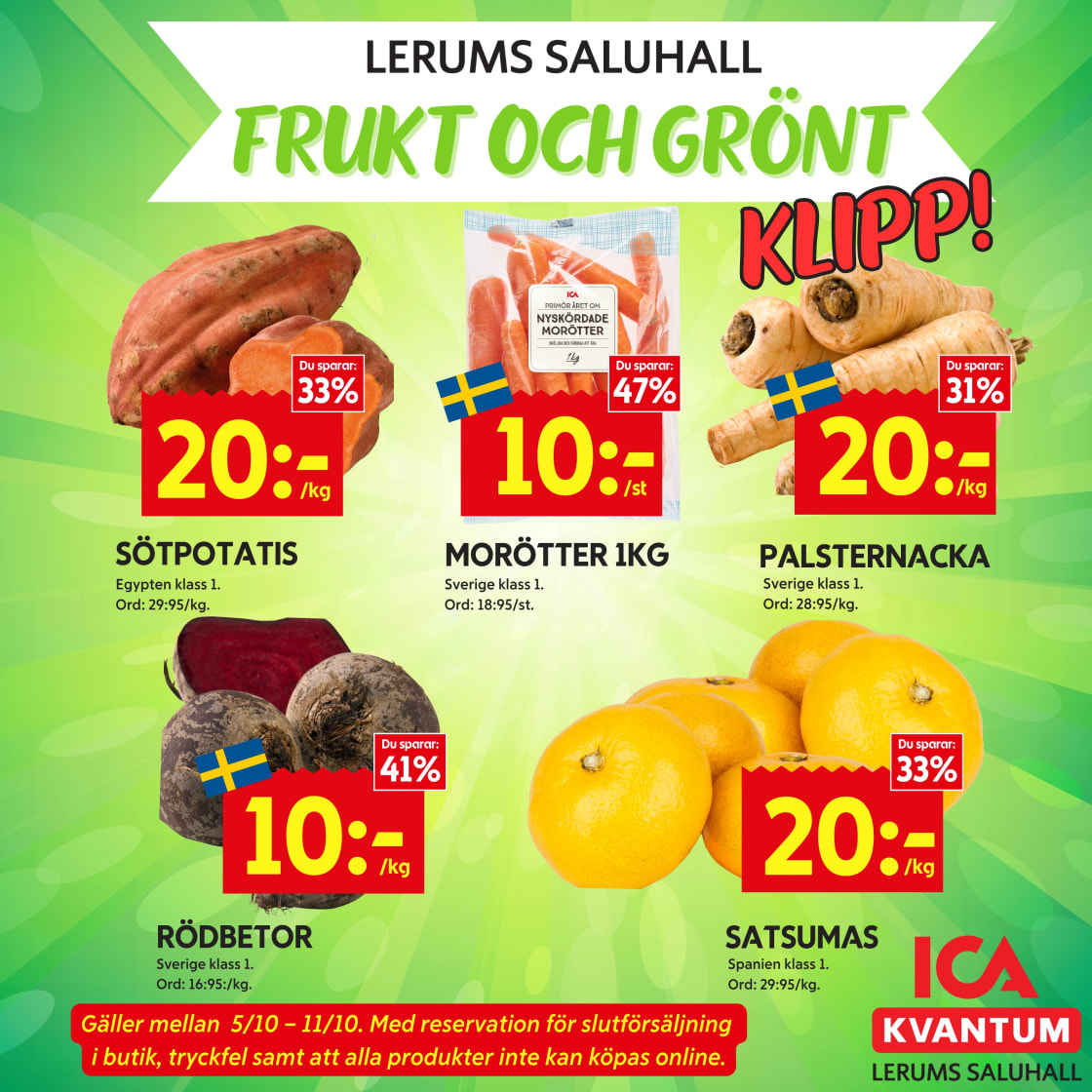 Reklamblad från Lerums Saluhall som visar erbjudanden på frukt och grönsaker till nedsatta priser.