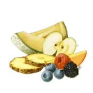 En samling frukter och bär inklusive banan, melon, ananas, äpple och olika sorters bär.