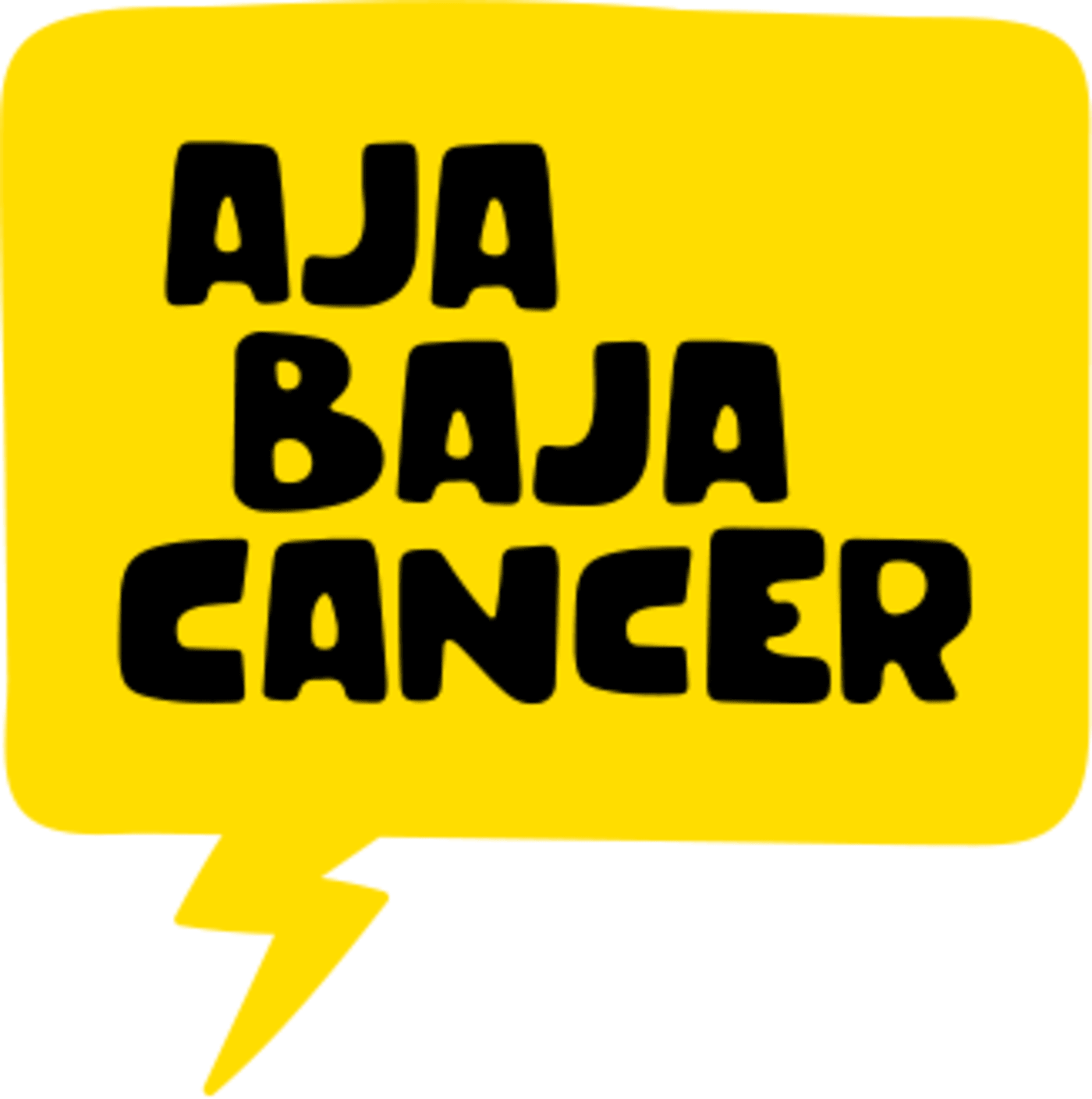 Logotypen för Aja baja cancer. Aja baja cancer i versal, svart text, i en klargul pratbubbla.