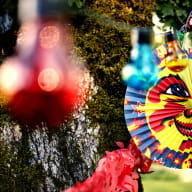En färgglad pappersdekoration i form av en sol hänger från en gren med träd och bokeh-effekter i bakgrunden.