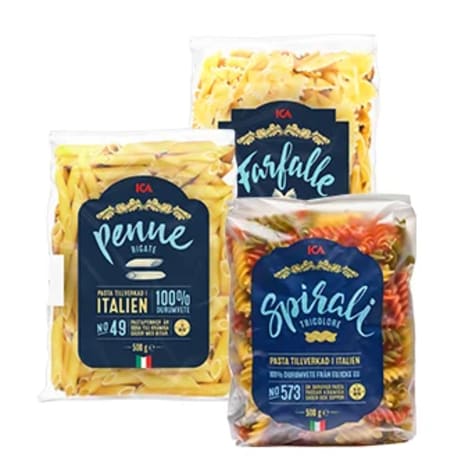 Pasta farfalle, penne och spirali tricolore från ICA.