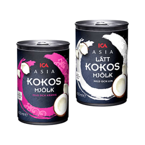 Två burkar kokosmjölk står bredvid varandra.