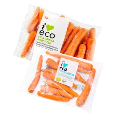 Två förpackningar med morötter ligger på ett underlag.