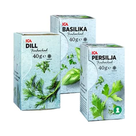 ICa fryst dill, basilika och persilja.