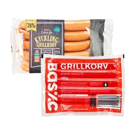 ICA extra fin kycklinggrillkorv och ICA Basic grillkorv.