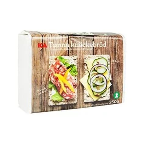 En förpackning tunna knäckebröd med bilder av knäckebröd med pålägg.