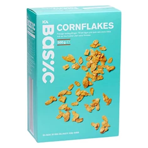En förpackning cornflakes står upprätt.