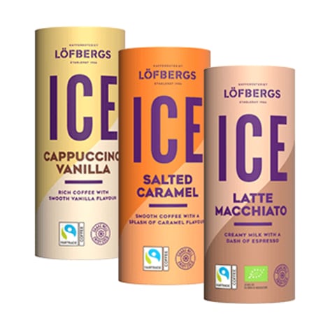 Tre förpackningar iskaffe med texten 