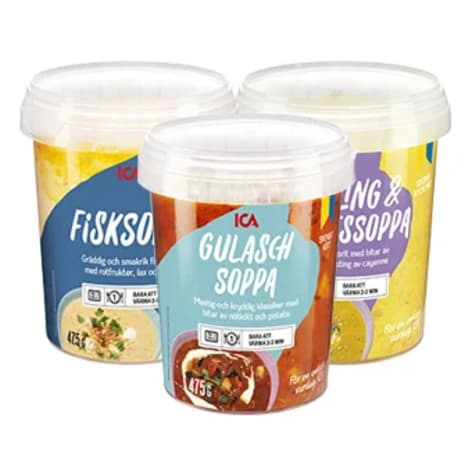 Tre burkar med färdig soppa.