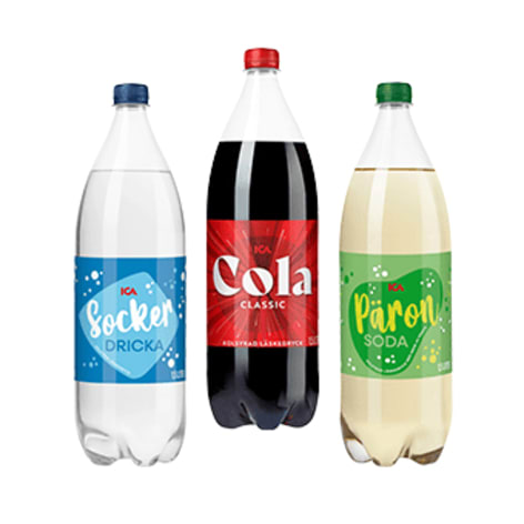 ICA Läsk: Cola, Sockerdricka och Pärondricka.