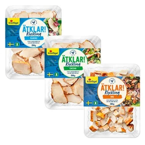 Tre paket ätklar kyckling i olika smaker.