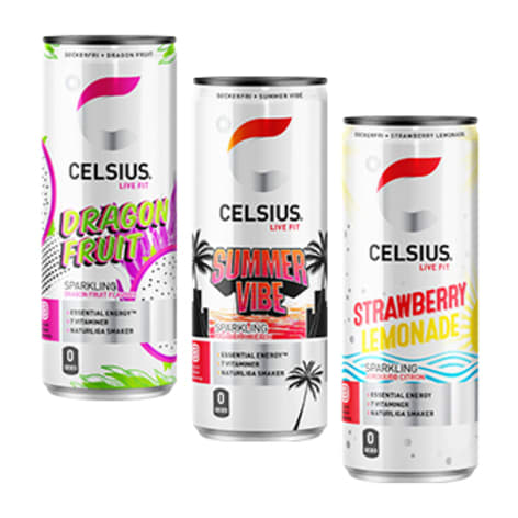 Tre burkar med olika smaker från Celsius.