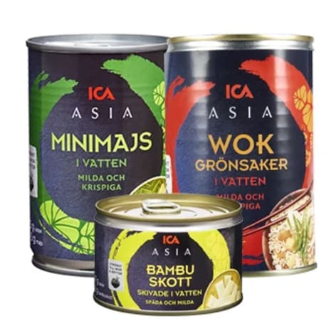 Wokgrönsaker, minimajs och bambuskott i konservburkar.