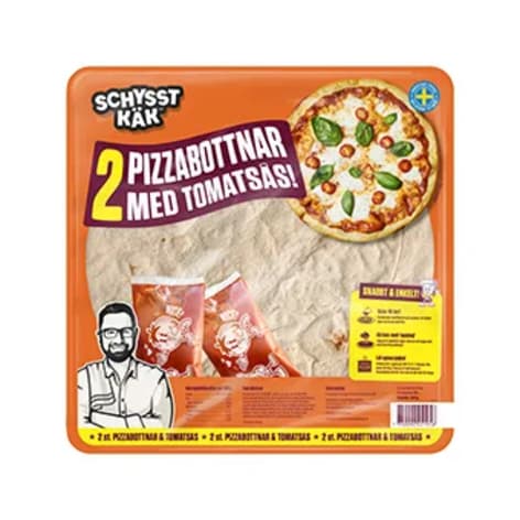 En förpackning med två pizzabottnar ligger på en yta.