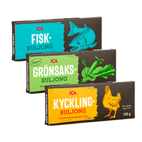 Tre förpackningar med buljong står staplade på varandra.