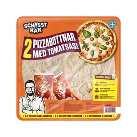 En pizzabottenförpackning med text och en bild av en pizza ligger på ett underlag.