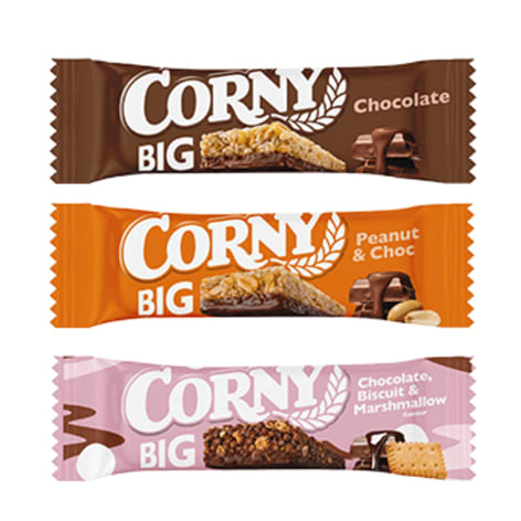 Tre Corny müslibars i sina förpackningar.