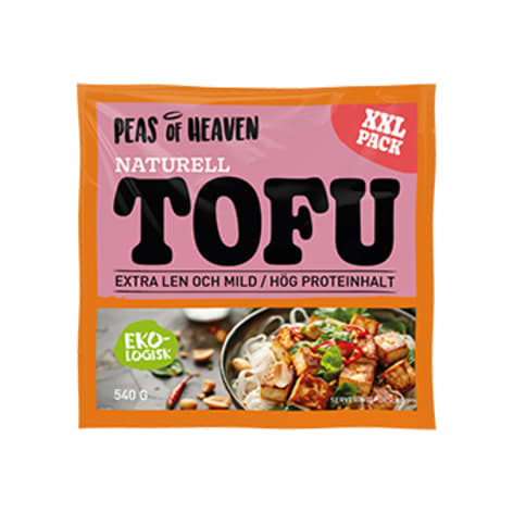 En förpackning naturell tofu från Peas of Heaven.