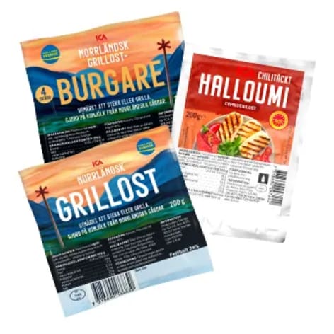 En bild visar tre förpackningar med grillost/halloumi.