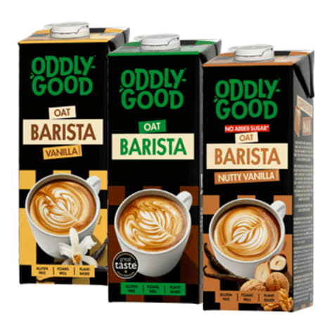 Oddlygood Barista tre havremjölkförpackningar.