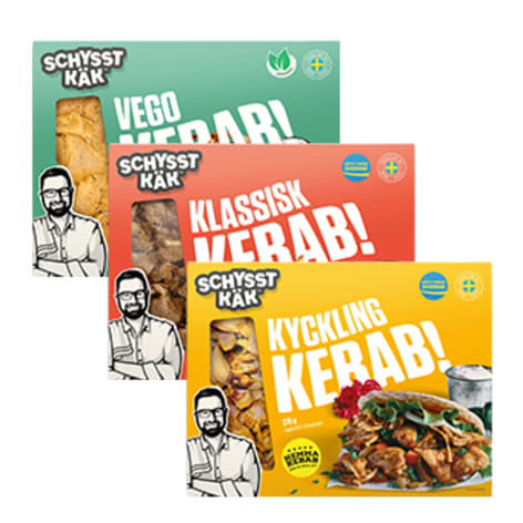 Schysst käks kebab i sorterna kyckling, vanlig och vego.