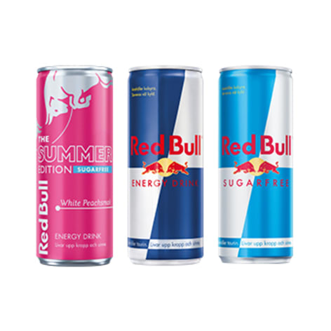 Redbull summer edition, klassisk Redbull och sockerfri Redbull.