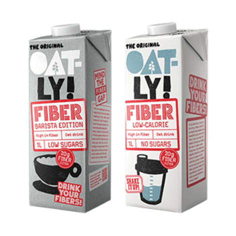 Oatly fiber havredryck i förpackning.