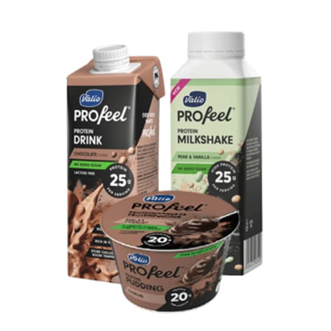 Profeel proteinprodukter i sina förpackningar.