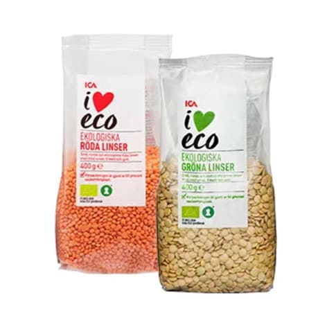 Röda och gröna linser från ICA I love eco.