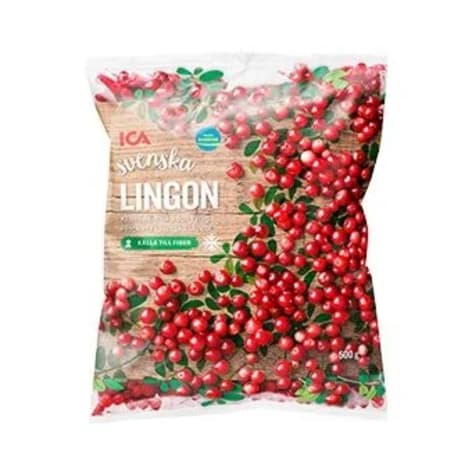 En förpackning med lingon visas.