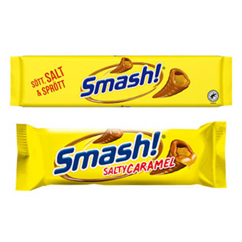 Två chokladkakor i gult papper från Smash.
