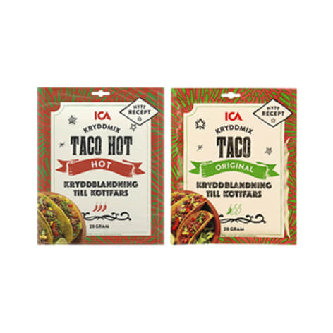 Två förpackningar med ICA taco kryddmix.