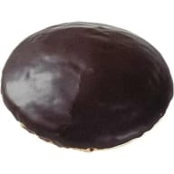 Runt bakverk täckt av slät chokladglasyr.