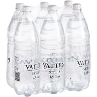 Förpackning med sex 1,5‑liters flaskor med stilla vatten.