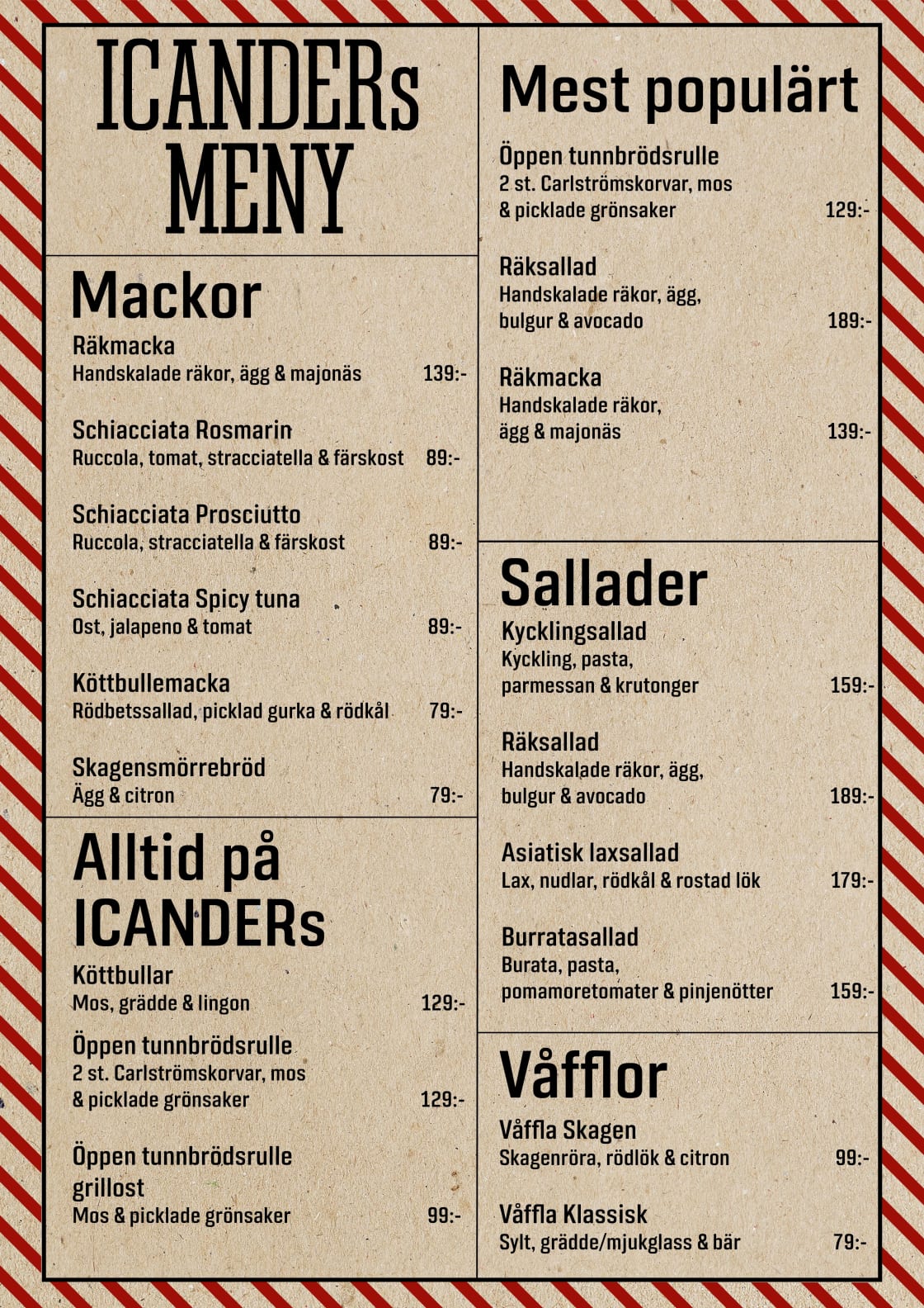 Icanders meny som listar mockor, sallader, populära rätter och våfflor med priser.