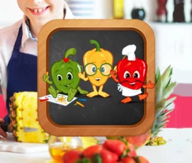 Paprikaklubbens tre små tecknade paprika-figurer i ett kök med barn.