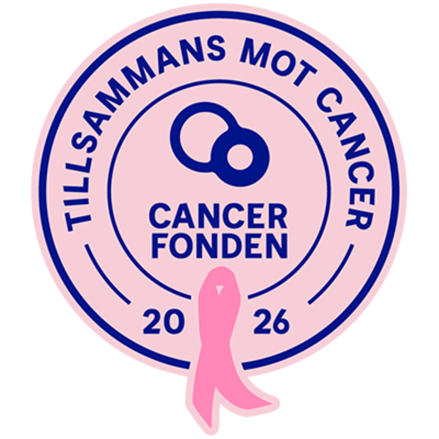 Cancerfondens cirkulära logotyp med texten "Tillsammans mot cancer", årtalet 2026 och ett stödjande band.