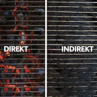 En jämförelse mellan två bilder av grillgaller, där den vänstra visar glödande kol under gallret och den högra visar ett tomt galler.