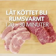 Nöt- och fläskkött med texten Låt köttet bli rumsvarmt i 20-30 minuter.