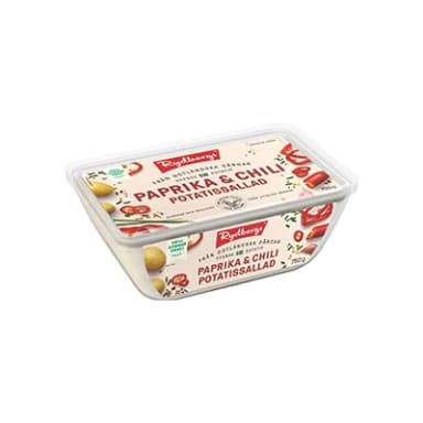 En förpackning med potatissallad från Rydbergs med text som nämner paprika och chili.