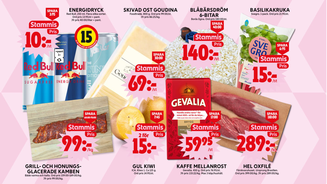 Butiksannons med flera livsmedel och framhävda prisetiketter som visar erbjudanden.