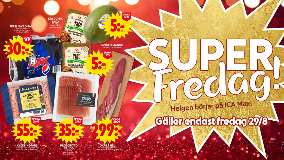 Röd glittrig bakgrund med fyra prissänkta varor. Stor splash på höger sida med texten SUPERFREDAG.